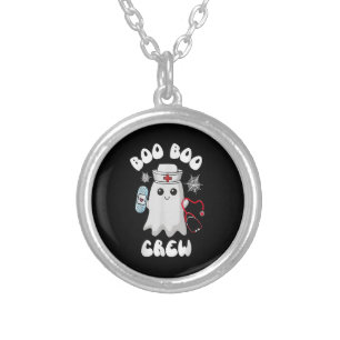 Boo Boo Crew Cute Nurse Ghost Funny Halloween Silver Plated Necklace