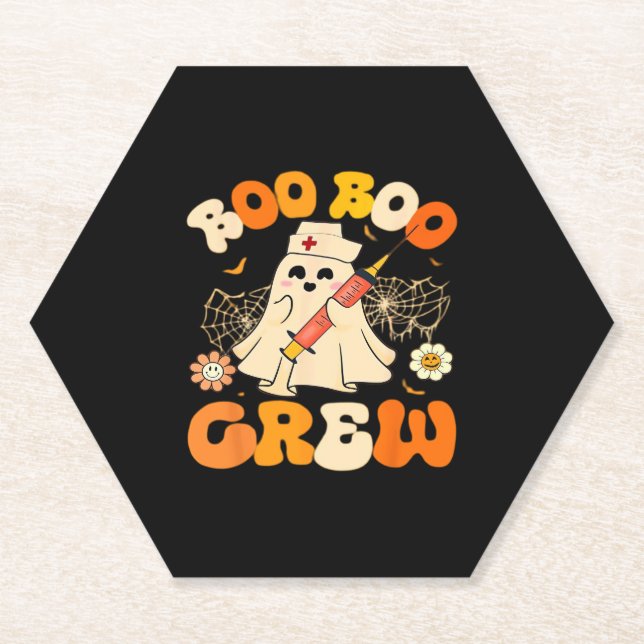 Boo Boo Crew Funny Ghost For Nurse, Retro Hallowee Paper Coaster (Front)