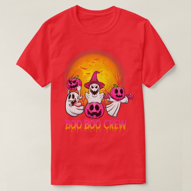 Boo Boo Crew Pajamas Pink Ghost Breast Cancer Hall T-Shirt (Design Front)