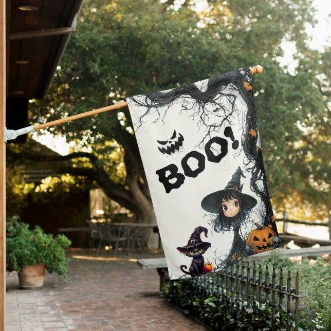 BOO! Brigade – A Whimsical Halloween Gathering House Flag (In SItu)