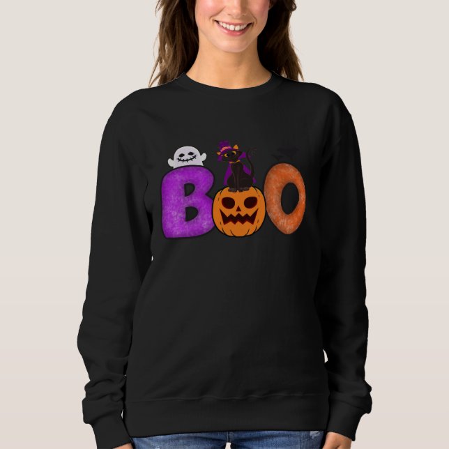Boo Cat Pumpkin Halloween Ghost Costume Leopard Sweatshirt (Front)