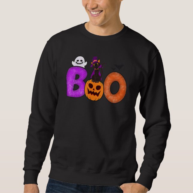 Boo Cat Pumpkin Halloween Ghost Costume Leopard Sweatshirt (Front)