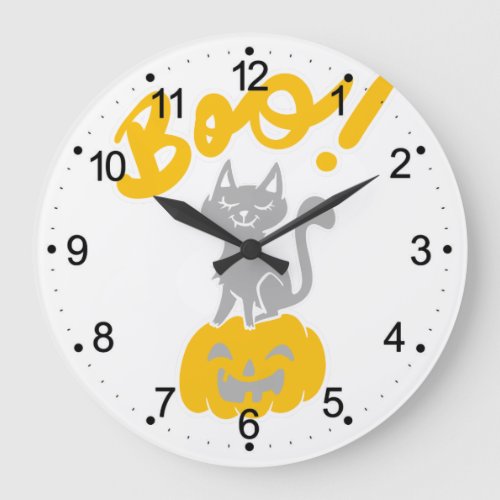 Boo cat with halloween pumpkins _ Choose back colo Large Clock