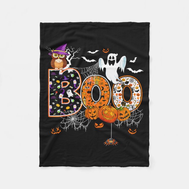 Boo Creepy Owl Pumpkin Ghost Halloween Men Women K Fleece Blanket (Front)