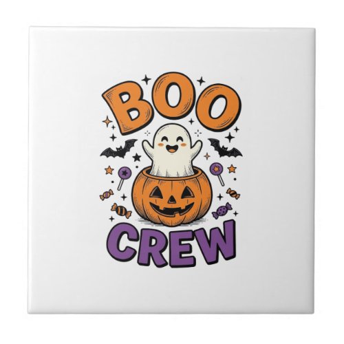 Boo Crew Cute Ghost Pumpkin Halloween Shirt Design Ceramic Tile