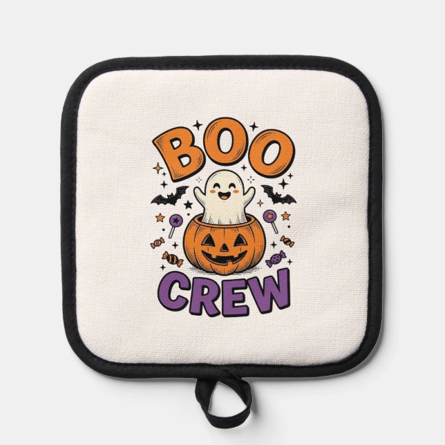 Boo Crew Cute Ghost Pumpkin Halloween Shirt Design Pot Holder (Front)