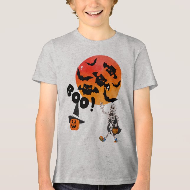 Boo Crew Halloween Kids T-Shirt with Skeleton, Bat Tri-Blend Shirt (Front)