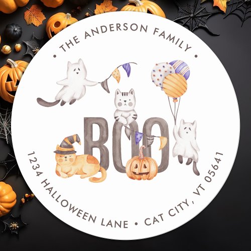 Boo Cute Cats Ghosts Halloween Return Address Classic Round Sticker