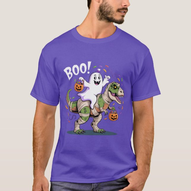 Boo! Cute Ghost Riding Mummy T-Rex Halloween T-Shirt (Front)