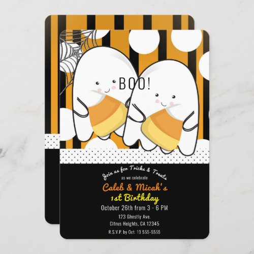 Boo Cute Ghost Twin Boys Halloween Birthday Party Invitation