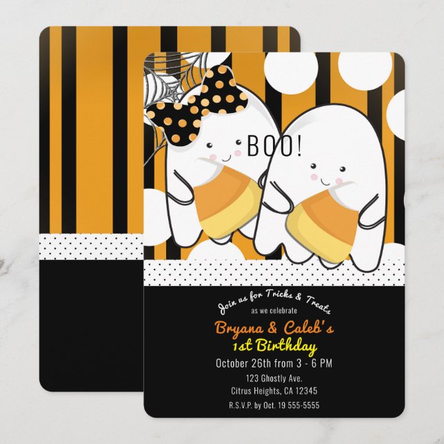 Boo Cute Ghost Twins Halloween Birthday Party Invitation (Front/Back)