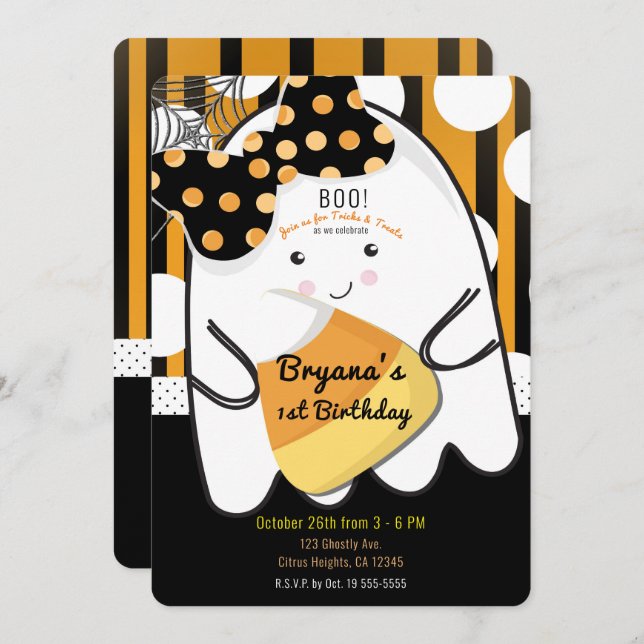 Boo Cute Girl Ghost Halloween Kids Birthday Party Invitation (Front/Back)