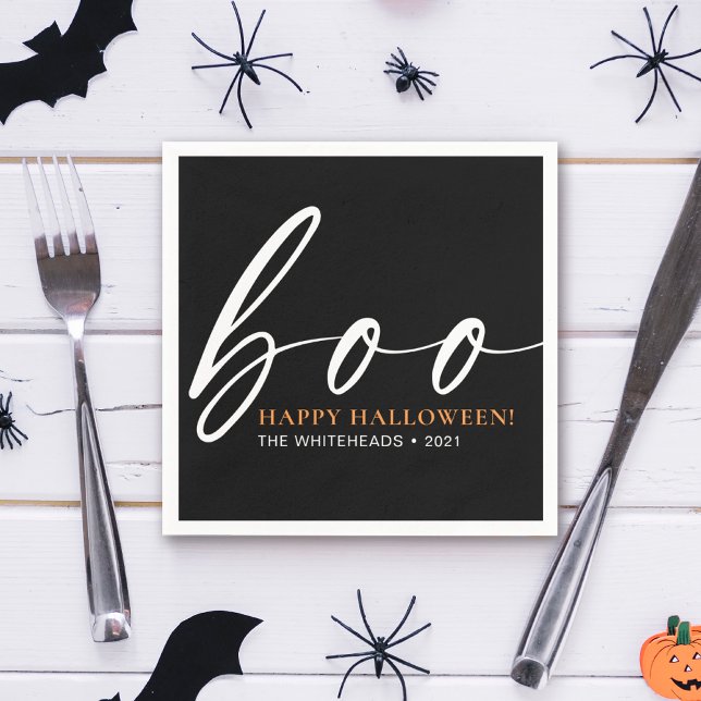 Boo Cute Happy Halloween Black Napkins (Simple boo Halloween party design featuring typography in the colors black, white and orange.)