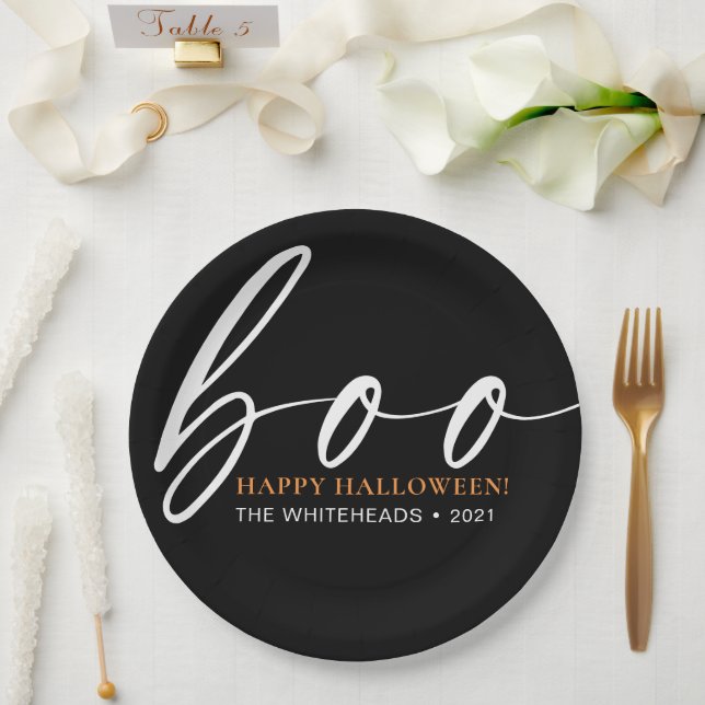 Boo Cute Happy Halloween Black Paper Plates (Wedding)