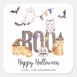 Boo Cute Happy Halloween Cats Ghosts Kid's Party Square Sticker