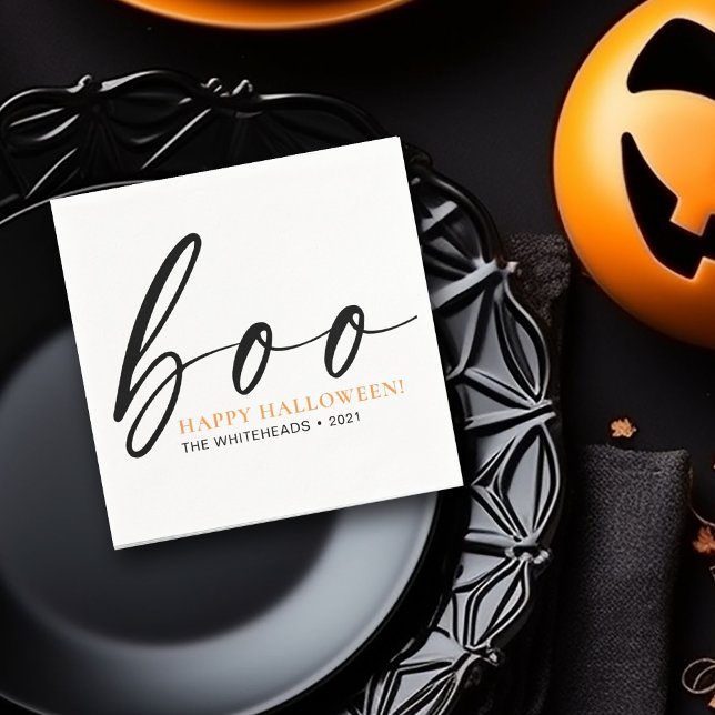 Boo Cute Happy Halloween White Napkins (Boo! Minimalistic typography Halloween design in the colors black, orange and white napkin)