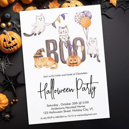 Boo Cute Kids Halloween Cats Ghosts Pumpkin Party Invitation