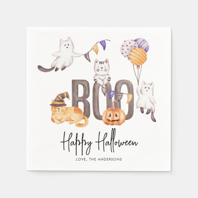 Boo Cute Kid's Happy Halloween Cats Ghosts Party Napkins (Front)