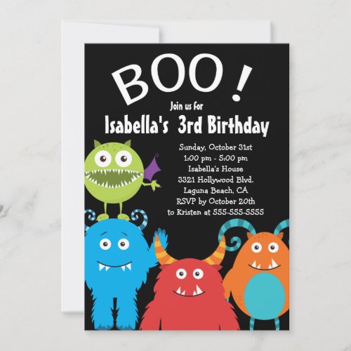 Boo Cute Monsters Kids Birthday Party Invitation