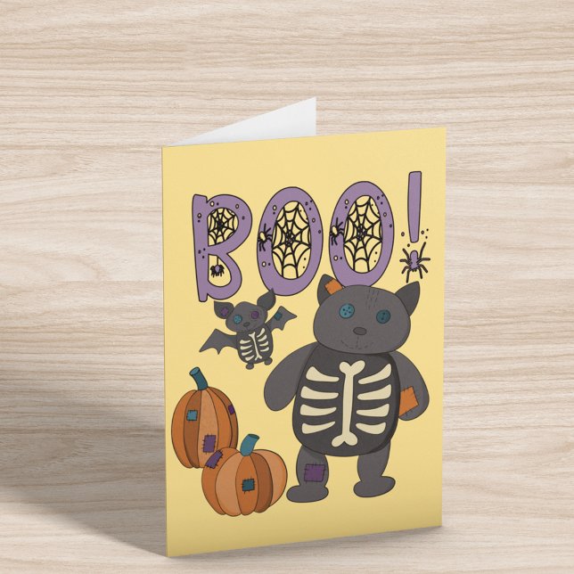 Boo! Cute Patchwork Skeleton Cat and Bat Halloween Card (Creator Uploaded)
