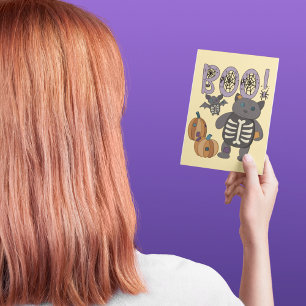 Boo! Cute Patchwork Skeleton Cat and Bat Halloween Postcard