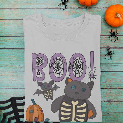 Boo Cute Patchwork Skeleton Cat and Bat Halloween T_Shirt