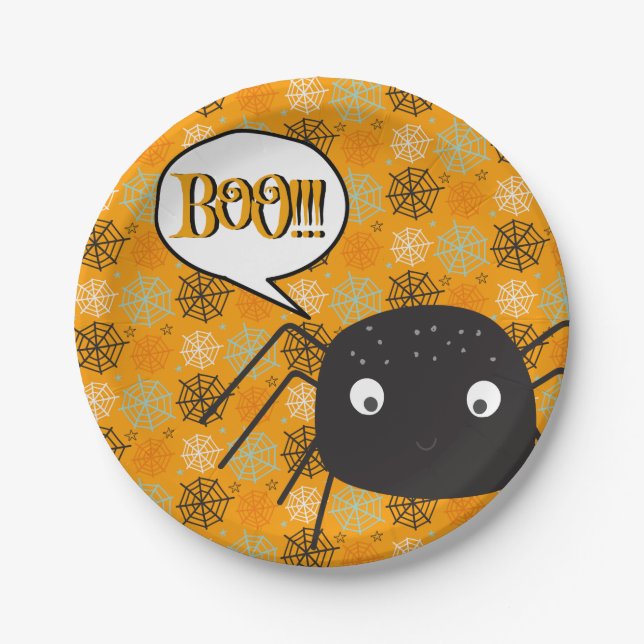 Boo!, cute spider pumpkin spider-web patterned paper plates (Front)