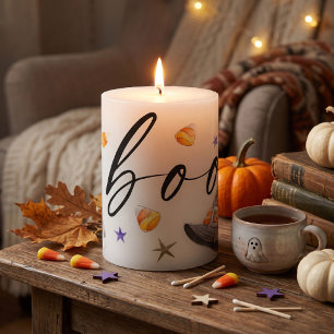 Boo Cute Watercolor Halloween Ghost  Pillar Candle