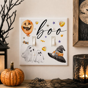 Boo Cute Watercolor Halloween Ghost Pumpkin Light Switch Cover