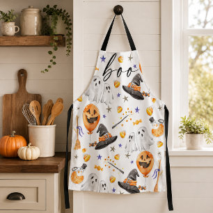 Boo Cute Watercolor Halloween Ghost Pumpkin Patter Apron