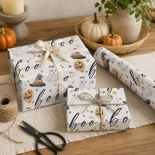 Boo Cute Watercolor Halloween Ghost Pumpkin Patter Wrapping Paper