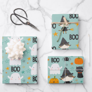 Boo! Cute witch ghost black cat and stars Wrapping Paper Sheets