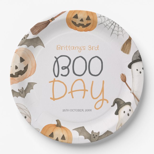 Boo Day Spooky Halloween Birthday Paper Plates (Front)