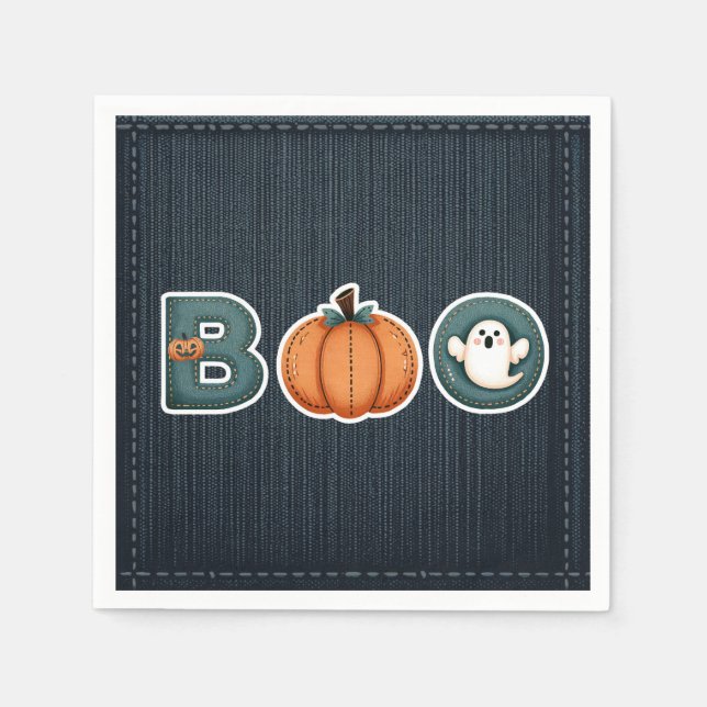 BOO Denim Rustic Country Pumpkin Ghost Halloween Napkins (Front)