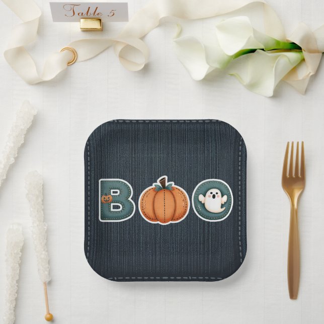 BOO Denim Rustic Country Pumpkin Ghost Halloween Paper Plates (Wedding)