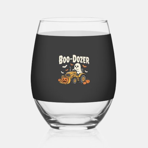 Boo-Dozer Halloween Ghost Bulldozer Design_1 Stemless Wine Glass