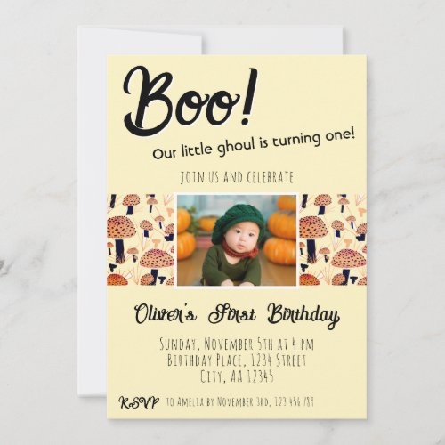 Boo First Birthday Mushrooms Halloween Fall Invitation