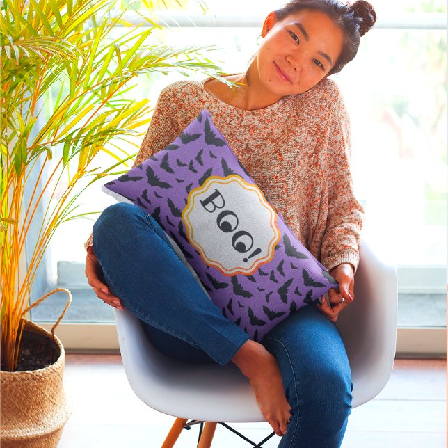 BOO! Funny Halloween Purple/Black Flying Bats  Accent Pillow (Boo! This purple haze pillow is too cute to scare anyone!)