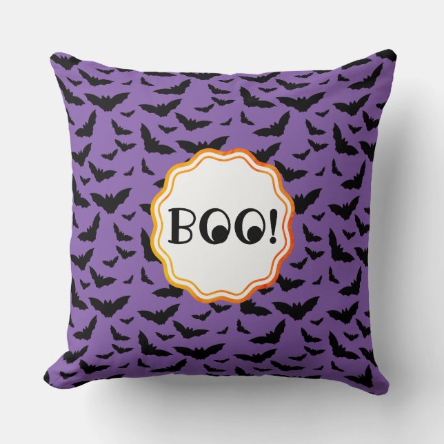 BOO! Funny Halloween Purple/Black Flying Bats  Throw Pillow (Front)