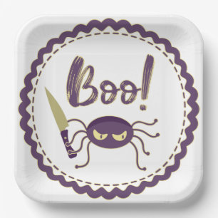 Boo funny Halloween spider character knife hand Paper Plates