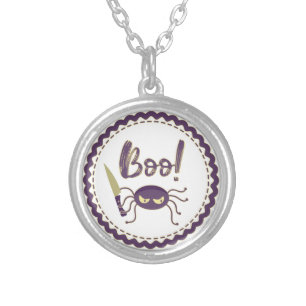Boo funny Halloween spider character knife hand Silver Plated Necklace
