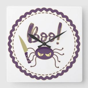 Boo funny Halloween spider character knife hand Square Wall Clock