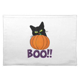Boo Funny Jolly Cat Peeking Pumpkin Halloween part Cloth Placemat