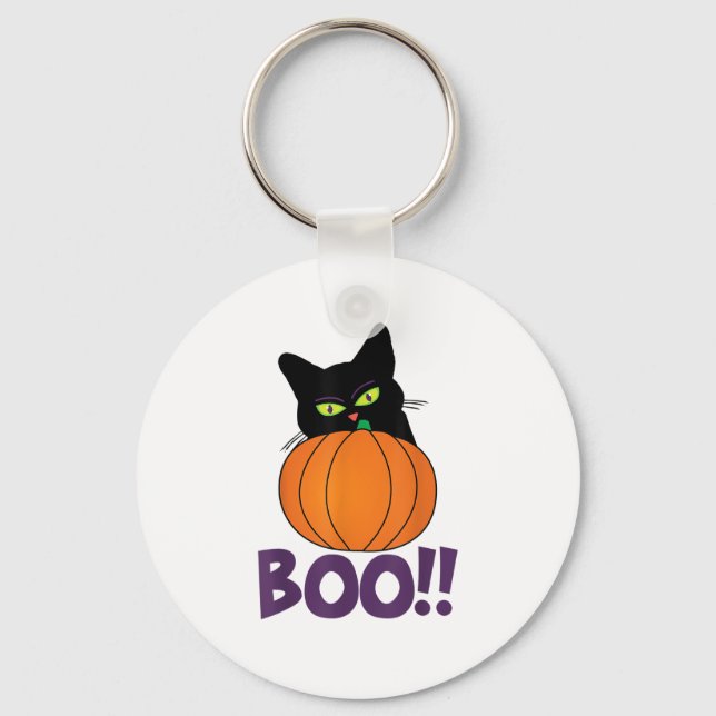 Boo Funny Jolly Cat Peeking Pumpkin Halloween part Keychain (Front)
