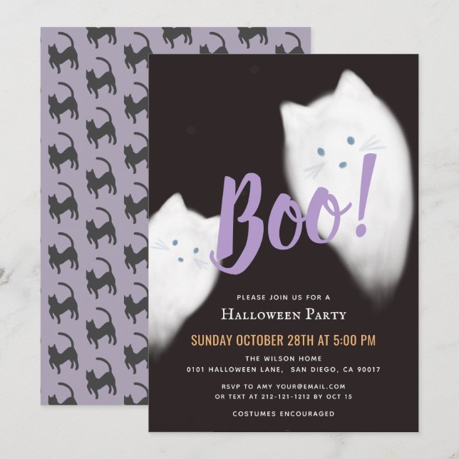 Boo! Ghost Cat Cute Purple Halloween Party Invitation (Front/Back)