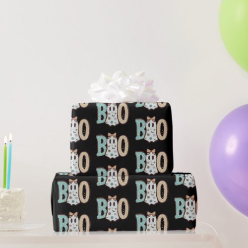 Boo Ghost Green Orange Cute Black Halloween Wrapping Paper