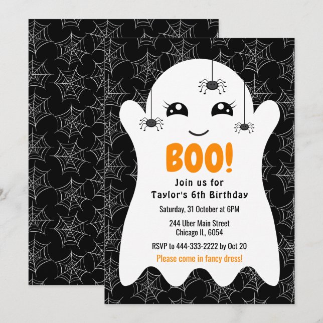 Boo Ghost Halloween Birthday Costume Party Black Invitation (Front/Back)