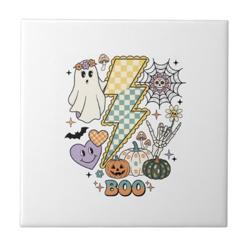 Boo Ghost Lightning Bolt Skeleton Hand Pumpkins Ceramic Tile
