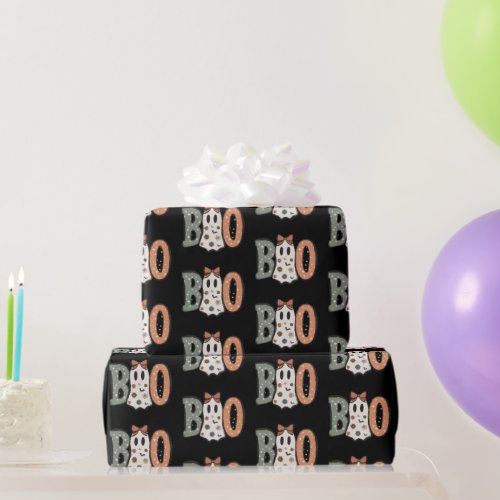 Boo Ghost Orange Green Cute Black Halloween Wrapping Paper