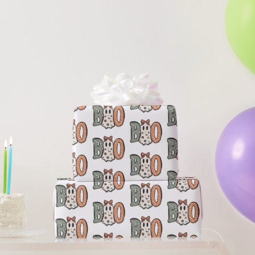 Boo Ghost Orange Green Cute White Halloween Wrapping Paper